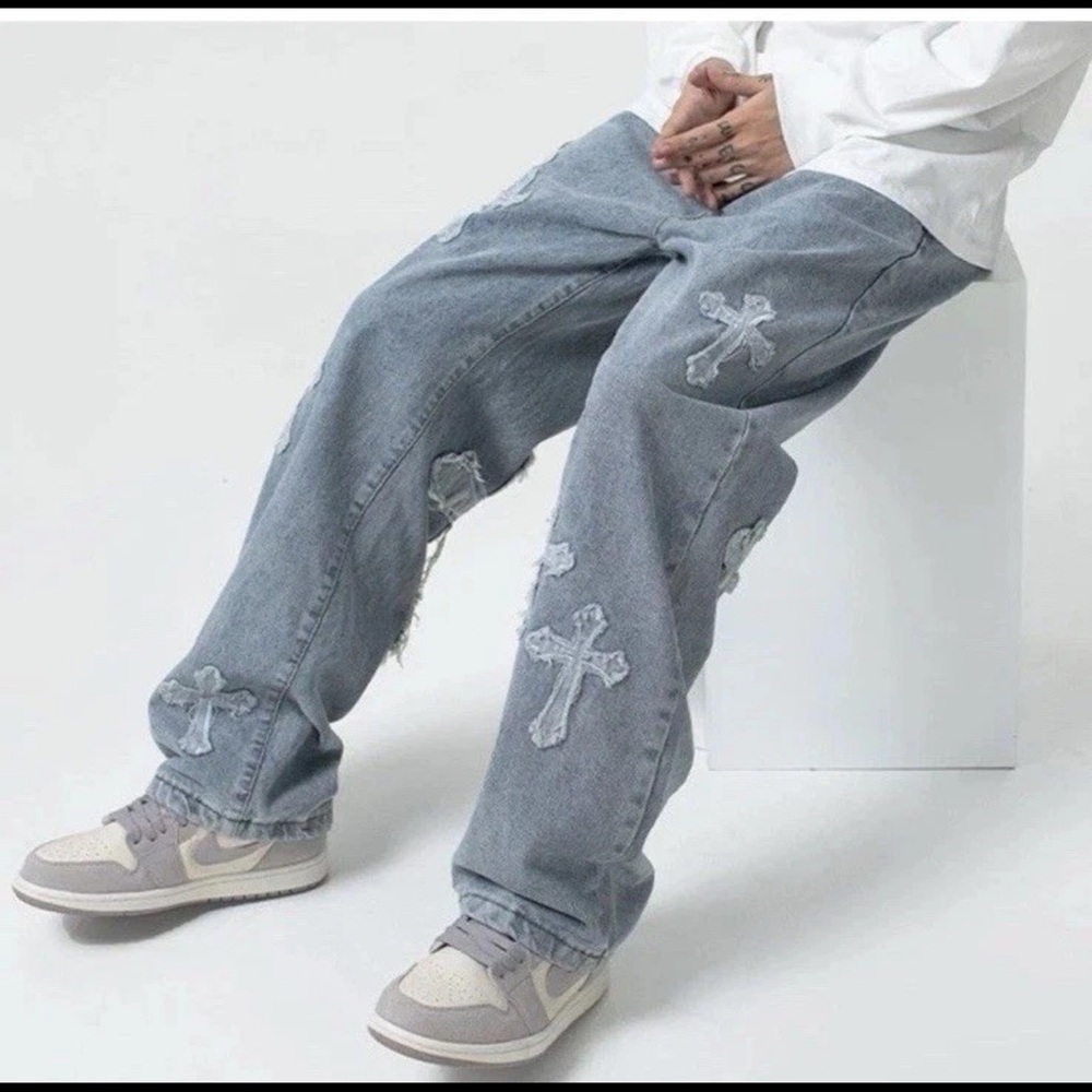 Men’s Streetwear Cross Patch Wide Leg Light Denim Washed Jeans SZ L Waist 30”